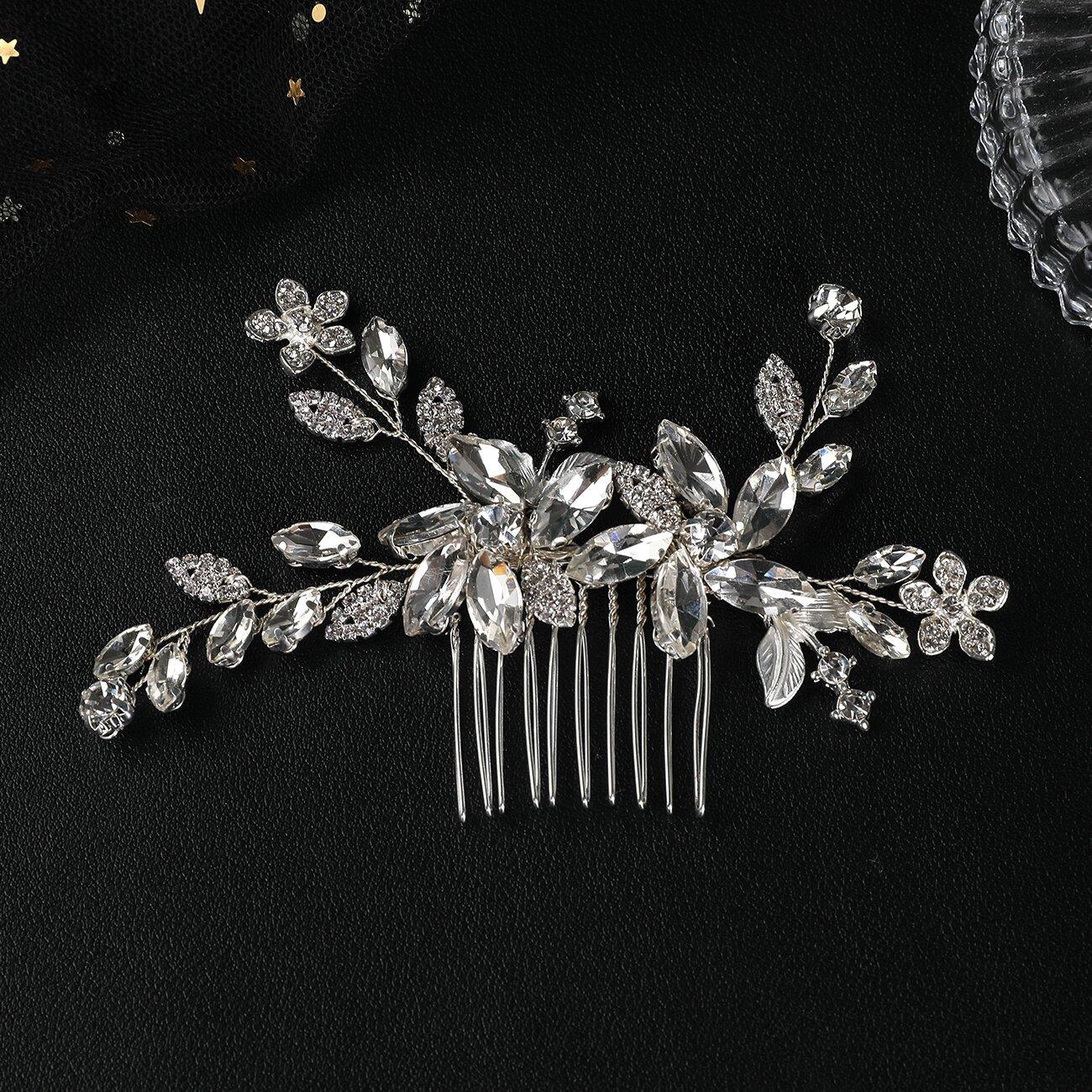 

Fashion: Bridal flower comb headwear, crystal zircon hair comb, wedding dress accessories, handmade серебряный