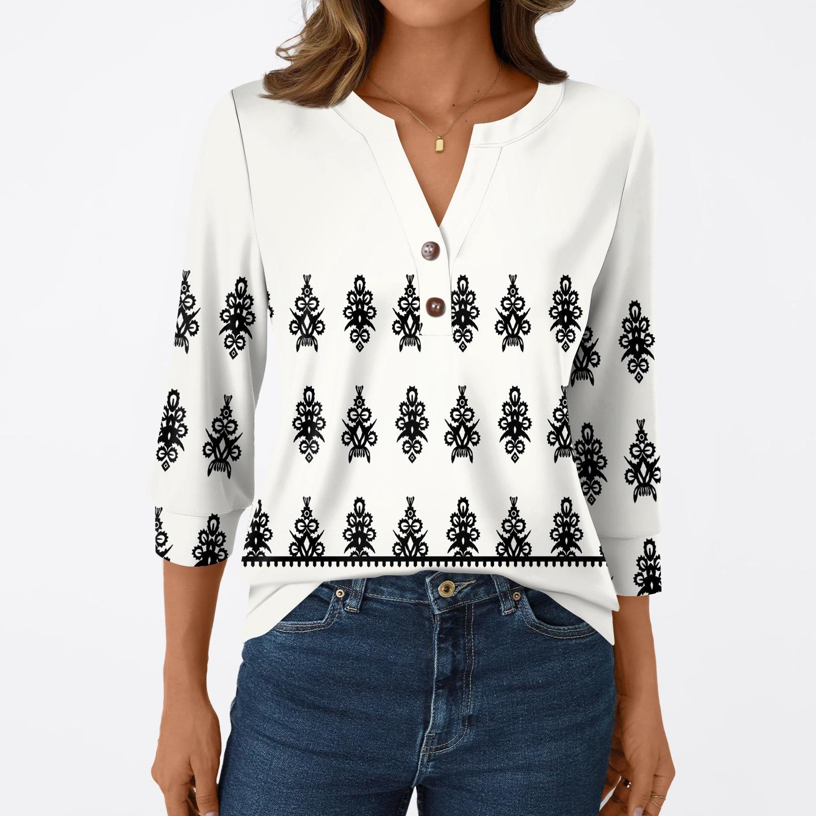 

Женская модная повседневная футболка с рукавом 3/4, с принтами, V-образным вырезом и пуговицами XL белый