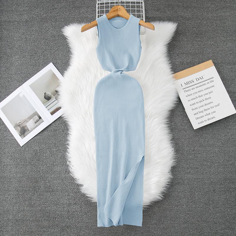 

Літні жіночі елегантні в язані светри без рукавів, тонкі обтягуючі сукні-пуловери One Size світло-синій колір