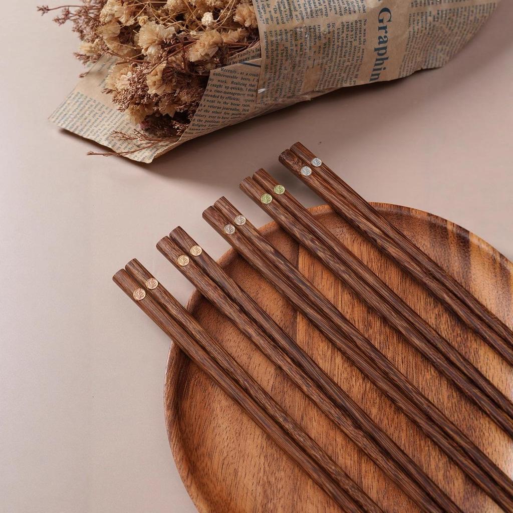 Inlaid Chicken Wing Wood Chopsticks Set - Five Blessings Design, Solid Wood, No Paint or Wax, One Chopstick per Person for Personal Use.