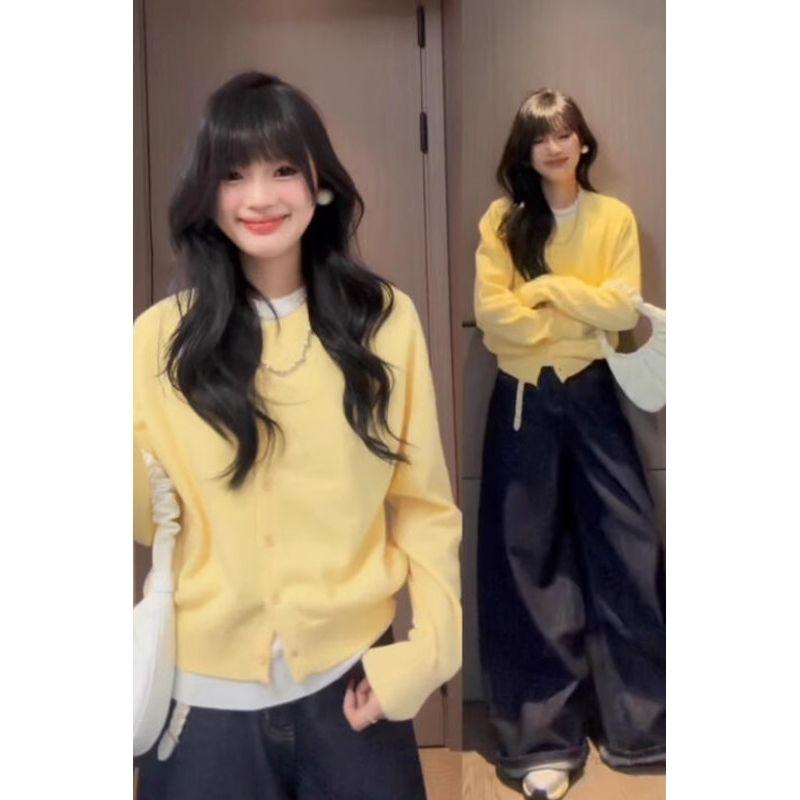 

Корейский осенний мягкий клейкий кардиган молочно-желтого цвета, имитация двойки Yellow S