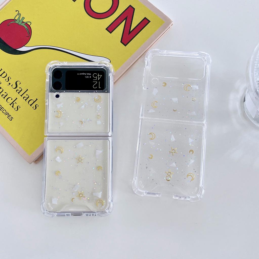 For Samsung Z Flip 3 Case Moon Star Sequin Clear Folding Phone Case For Galaxy Z Flip 4 Zflip3 5g Shockproof Hard Pc Back Cover