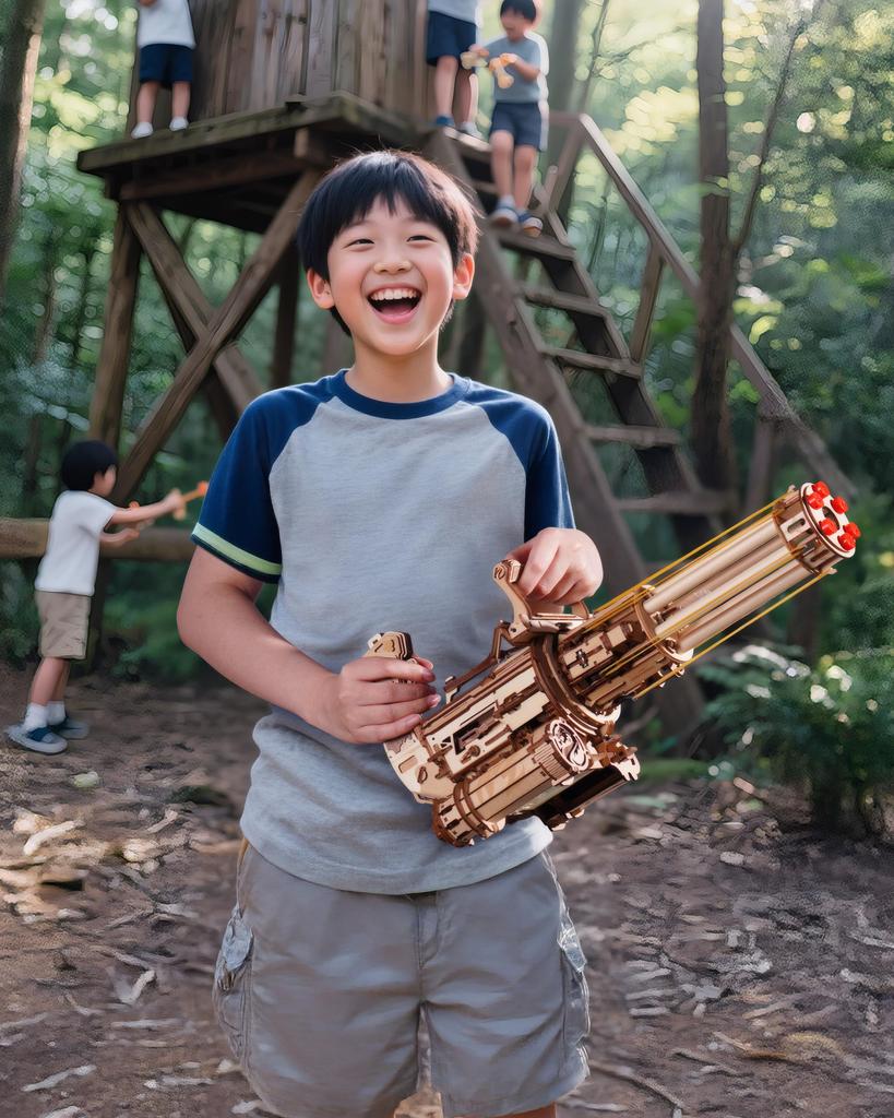 ROBOTIME 3D Wooden Toy Gun with Rubber Band Gun and Gatling Electric LED Muzzle Assembly STEM Summer Vacation Craft Toy Brain Educational No Special