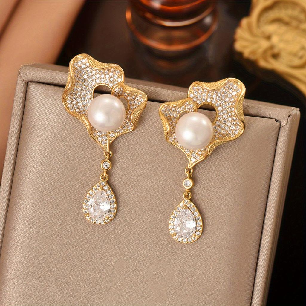 1Irregular geometric water drop imitation pearl zircon earrings are suitable for daily commuting and holiday parties