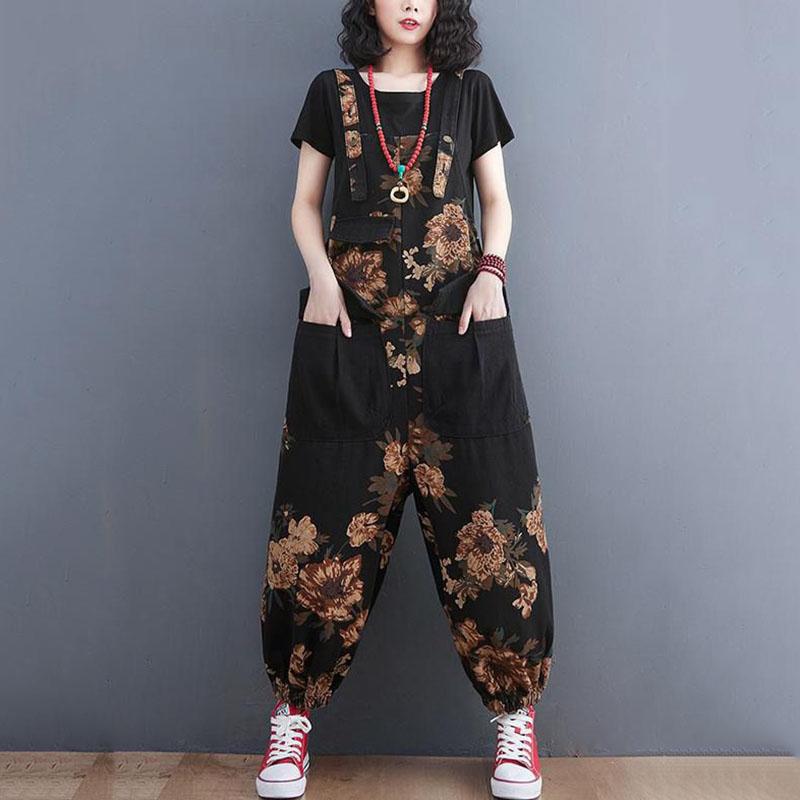Women's Nine Split Jeans Overalls Casual Female Print Jumpsuit Loose Bloomers Oversized Rompers Suspenders Fashion