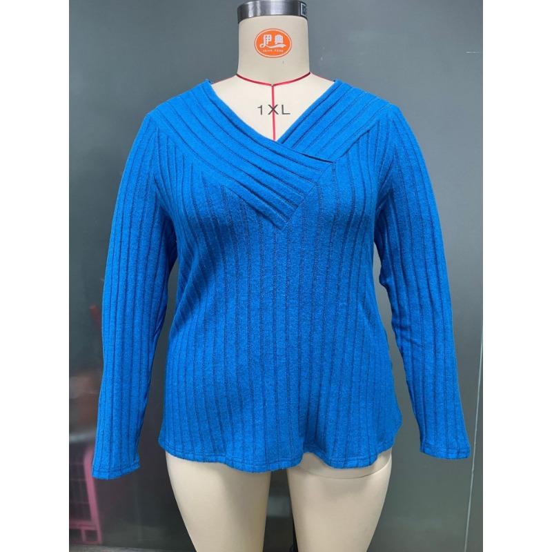 Autumn Winter Solid Color Plus Size Top Cross V-neck Long Sleeved Groove Brushed Pullover T-shirt