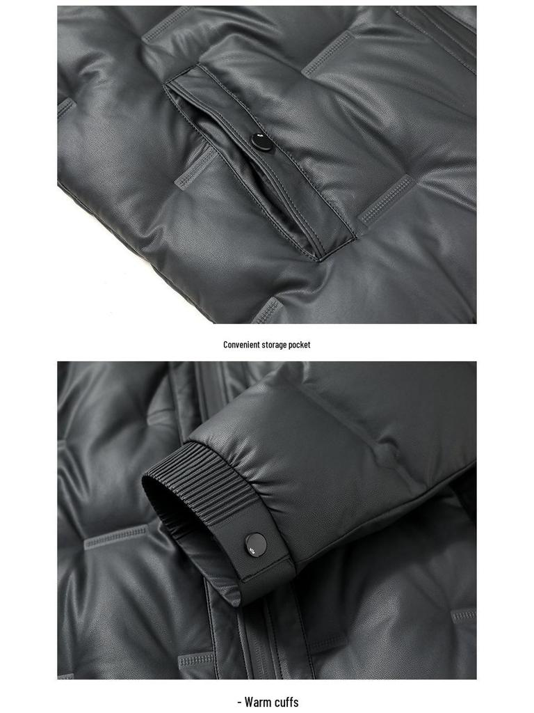2025 Winter Men's Shiny Leather Hooded Down Jacket - Casual, Warm, Pure Color Outerwear