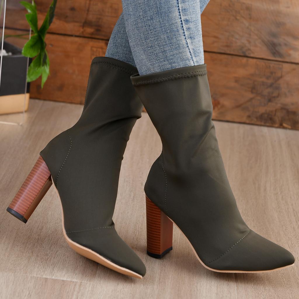 Ladies Shoes 2024 Fashion Women's Boots Square Heel Mid-Calf Ankle Boots for Women Pointed Toe Stretch Sock Boots Bota Feminina