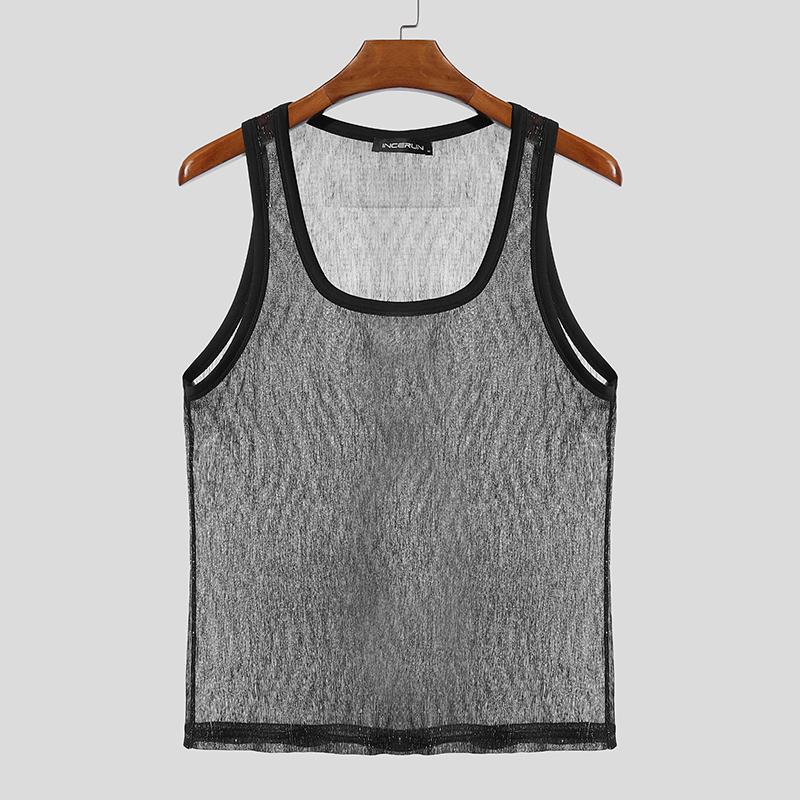 

INCERUN Men Square Collar Sleeveless See Through Mesh Sheer Glitter Tank Tops XL