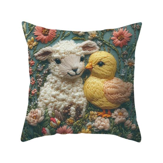 Easter Bunny Pillowcase Imitation Embroidery Lamb And Chick Print Pillowcase Farmhouse Throw Pillow Cover for Parties Living Room Couch Sofa Decor