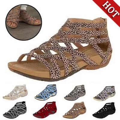 Nové Dámské Sandály s Otevřenou Špičkou a Vysokým Kotníkem Pohodlné PU Kůže Děrované Letní Boty Boho Styl Pásek Zadní Zip Plážové Boty