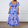 Women's Fashionable Square Neck Floral Print Bubble Short Sleeved Dress With Temperament