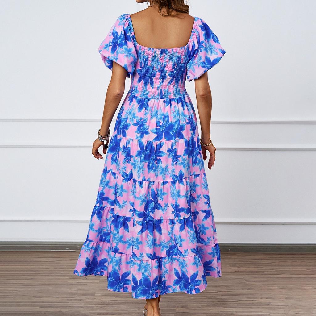 Women's Fashionable Square Neck Floral Print Bubble Short Sleeved Dress With Temperament