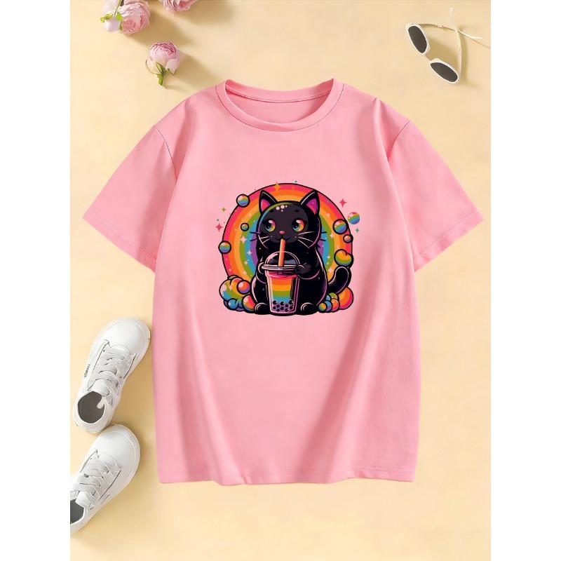 Summer and Spring Casual Top Cartoon Cat Drinking Juice Rainbow Design T-Shirt for Boys and Girls