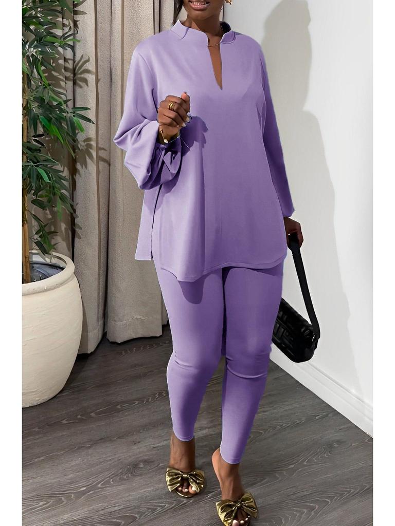 Elegant Two-Piece Set: V-Neck Split Top & Solid Color Skinny Pants
