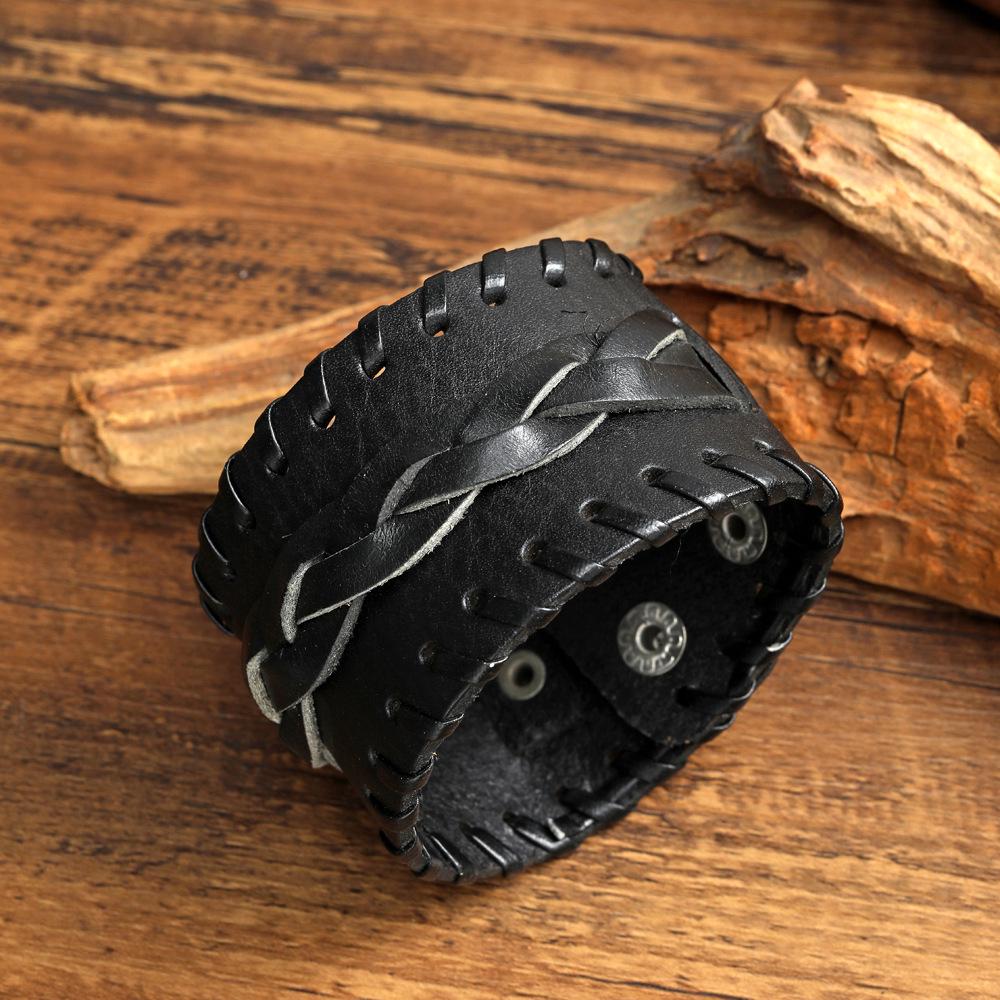 Men's European & American Retro Genuine Leather Punk Braided Bracelet - Multi-Layer, Adjustable.
