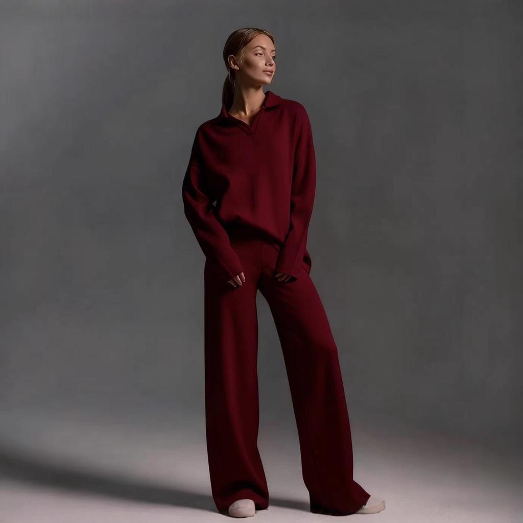 Women's Polo Neck Long Sleeve Loose Fit Top Wide Leg Long Pants Two Piece Set