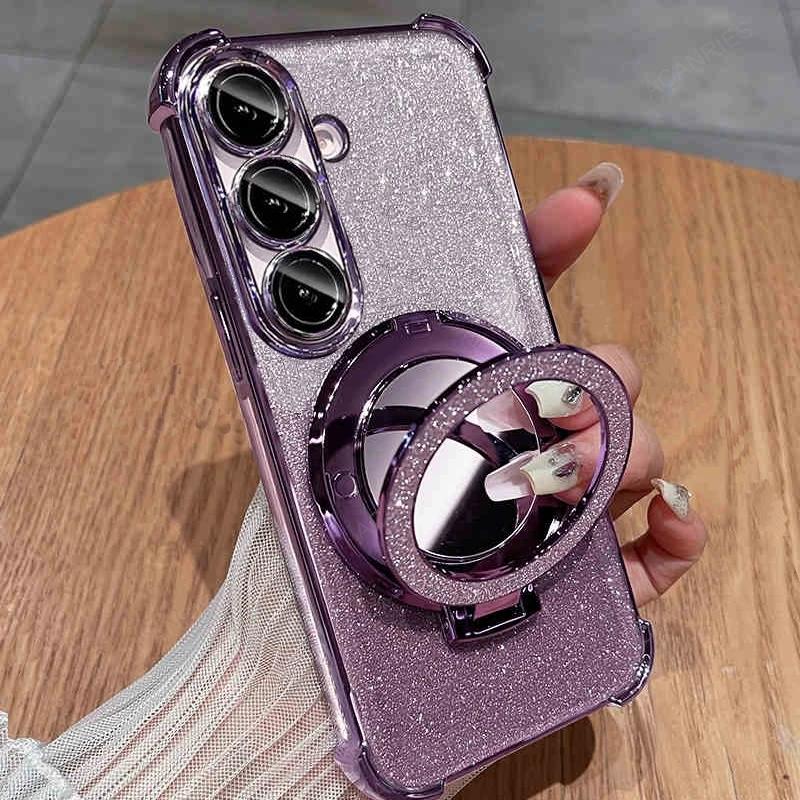 Fashion Glitter Magnetic Mirror Bracket Phone Case for Samsung Galaxy S26 Ultra S26 Pro S25 Edge Plus S24 FE S23 S22 S21 S20 Camera Protect Cover