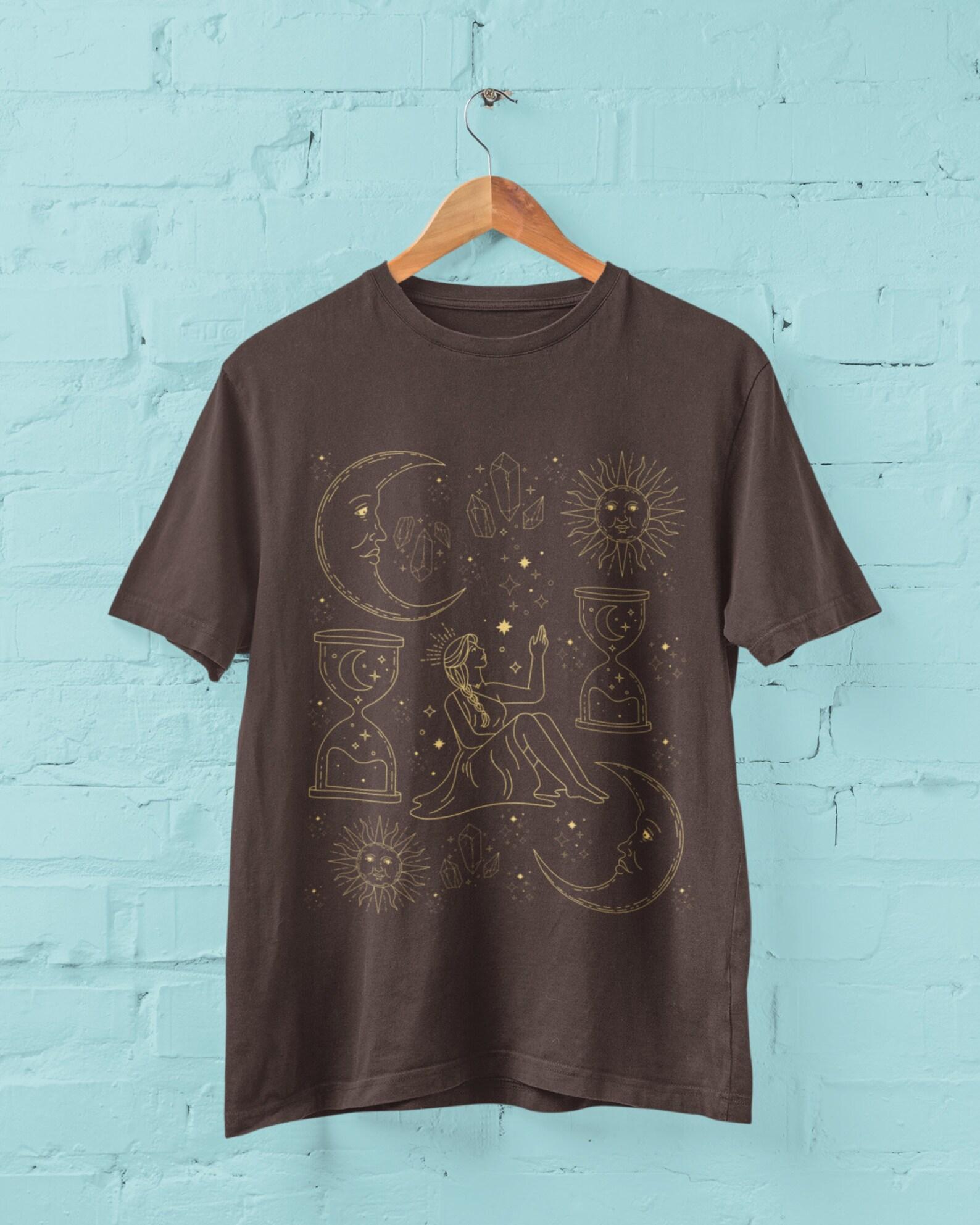 Mystical Moon Crystals Shirt, Celestial Sun and Moons T shirt, Moon Phases Shirt, Crescent Moons Boho Tshirt, Cottagecore Clothing, Grunge M