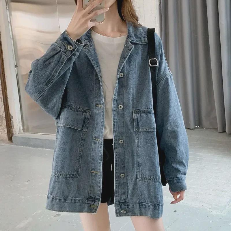 Women's Korean-Style Denim Jacket, Loose-Fit, Long-Sleeved, for Spring/Autumn 2021 - Trendy Harajuku Top
