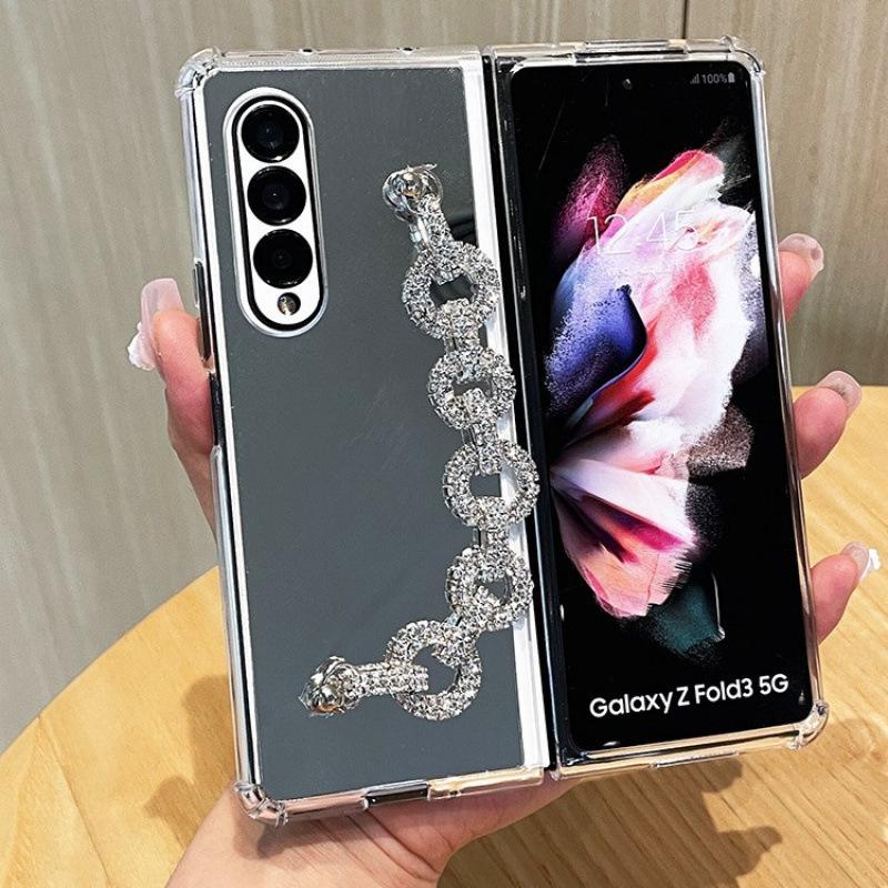 Makeup mirror is suitable for Samsung ZFold7 mobile phone case folding Zfold6/5 rhinestone chain four corners anti-drop protective cover