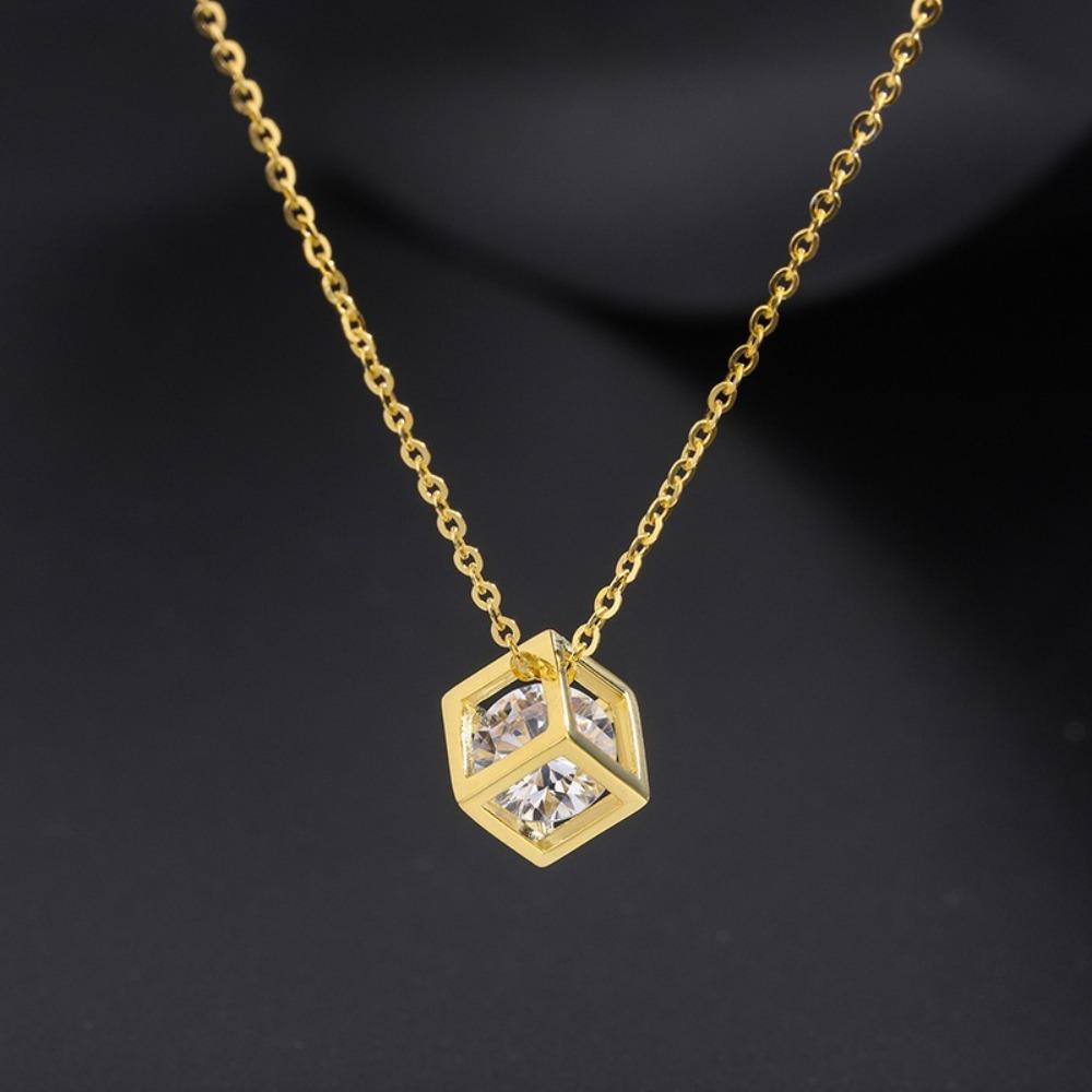 Hollow Square Pendant Necklace Stainless Steel Zircon Crystal Necklace  Female Accessories