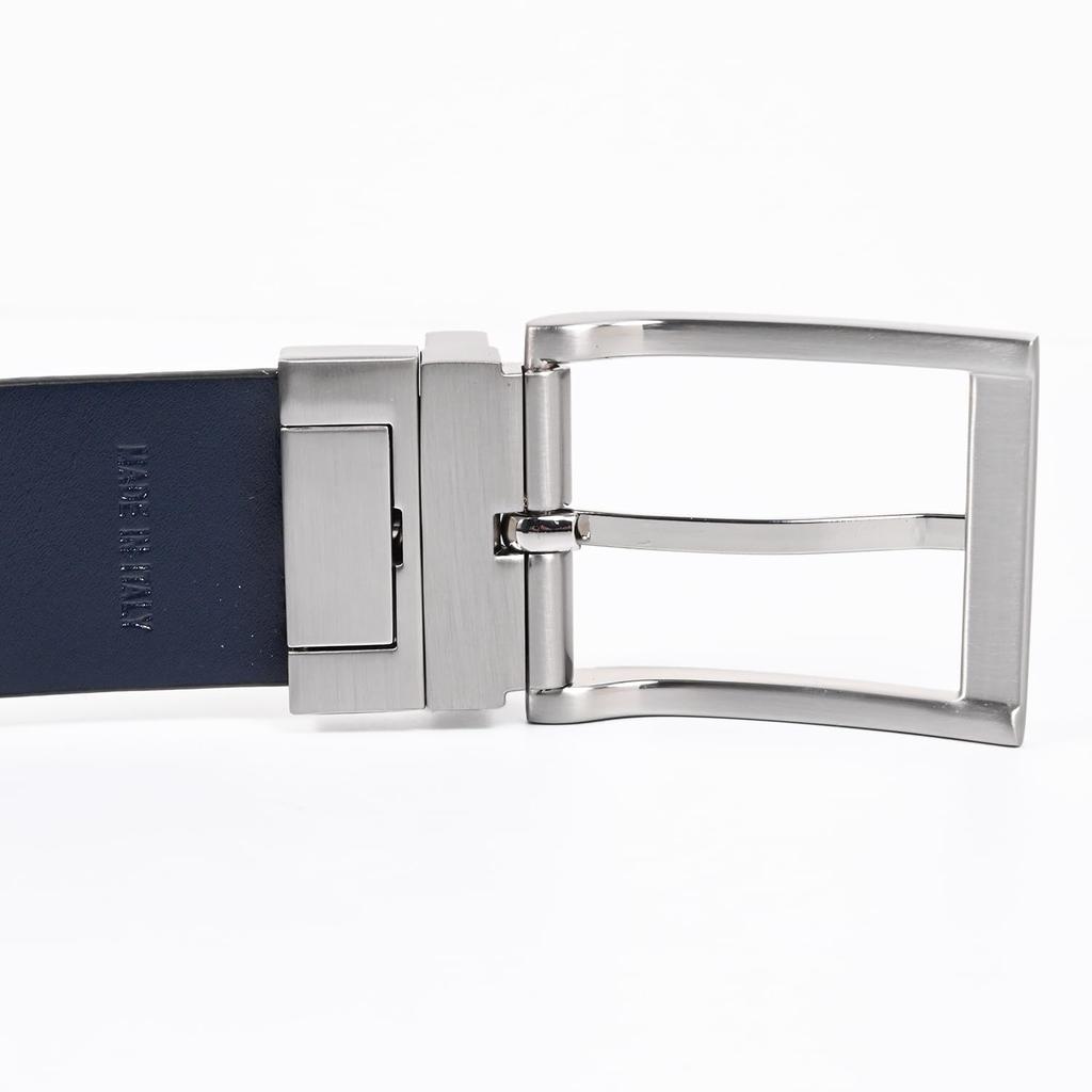 Emporio Armani Wide Belt with Embossed Black and Stringa System EM001772 AF15136 MC080 Men's 3.5cm Logo, Blue, Compatible, Reversible, [Used]