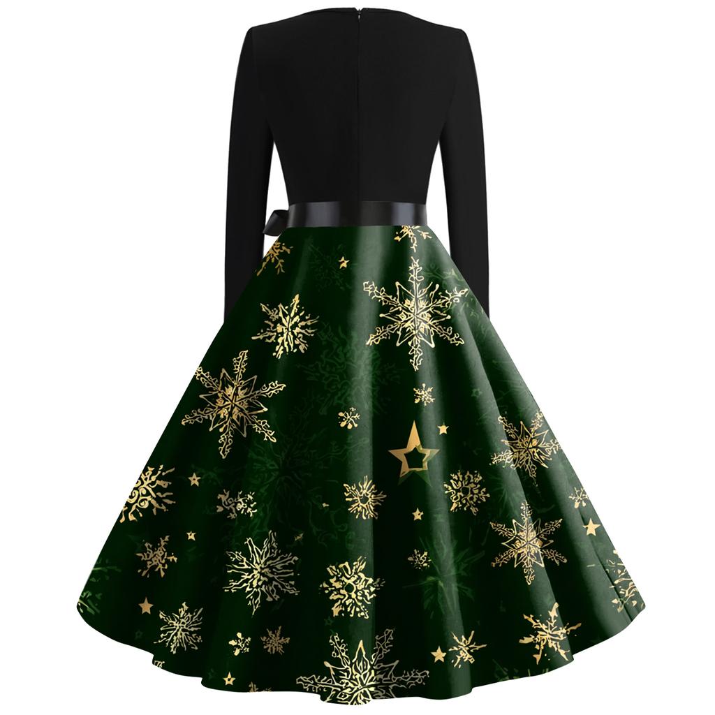 Women's Fashion Casual Round Neck Christmas Print Long Sleeve Dress