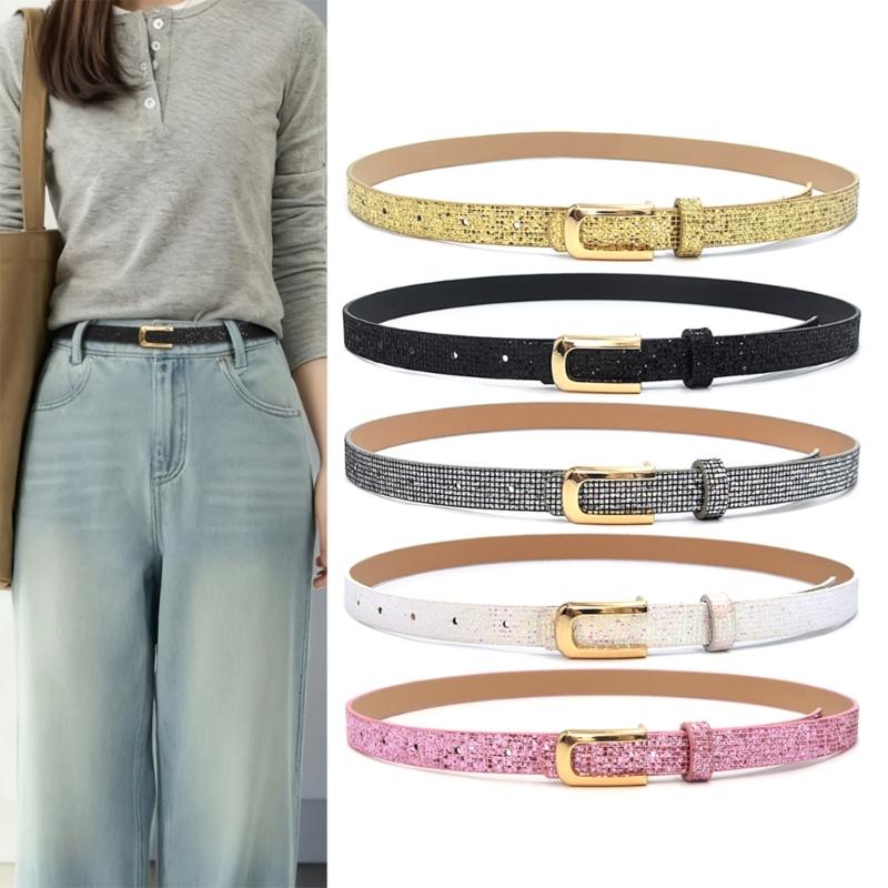 Slim Sequined Waist Belt for Dresses PU Leather Pin Buckles Waistband for Jeans Pants Women Girl Daily Outfit Waist Strap