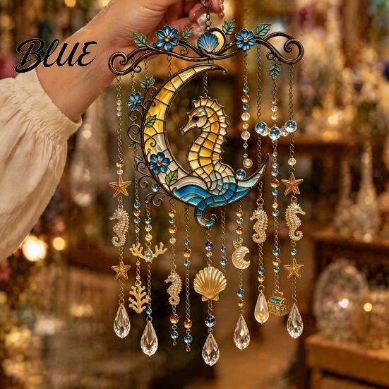 Coastal Balcony Decoration Ocean-Themed Crystal Wind Chime Stained Acrylic Jellyfish Seahorse Pufferfish Hanging Suncatcher Marine Ornaments