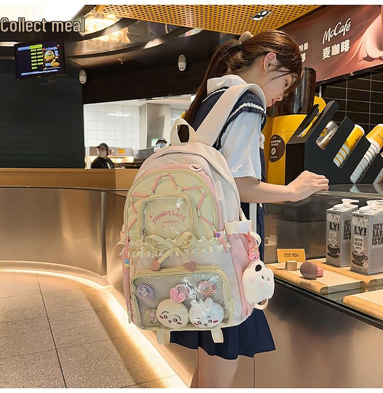 Women's Color Block College-Style Backpack with Ballet Ruffle Lace Design