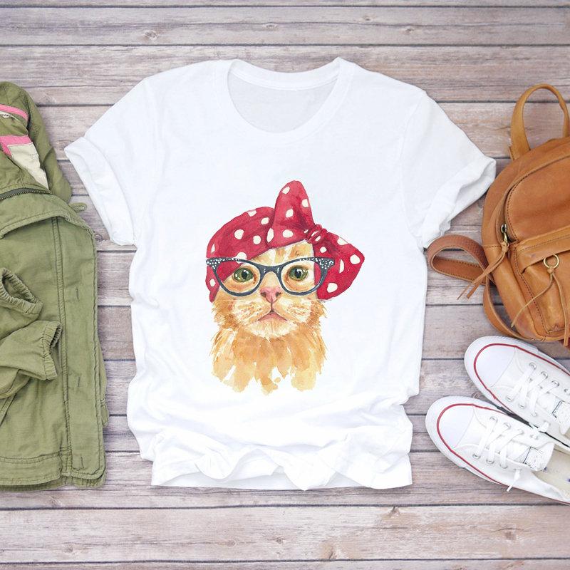 Women’S T-Shirts Kawaii Cat Cartoon Printing Aesthetic Tshirts Streetwear Clothing Summer Graphic T Shirts Aesthetic Tee Top