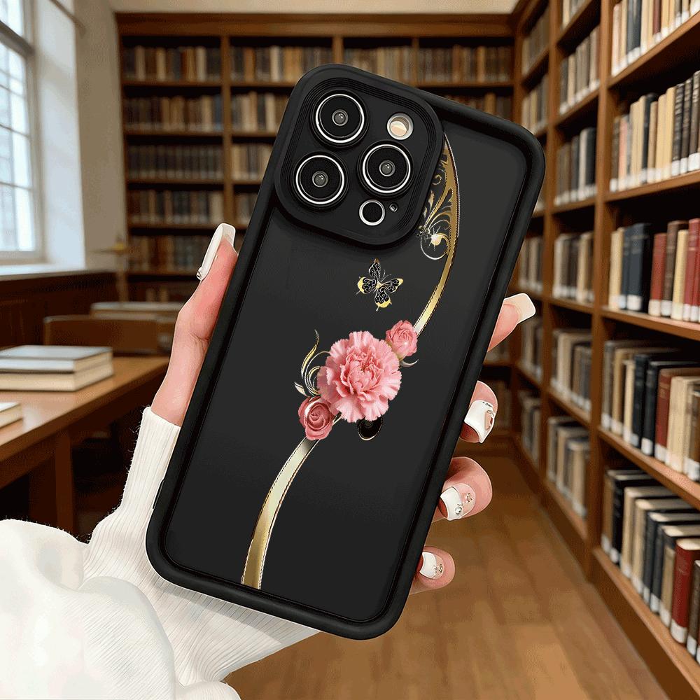 Pink Carnation Golden Swirls Luxury Anti-Slip TPU Phone Case For Xiaomi Redmi Note 15 14 13 12 11 10 9 Pro Full Protective Cover