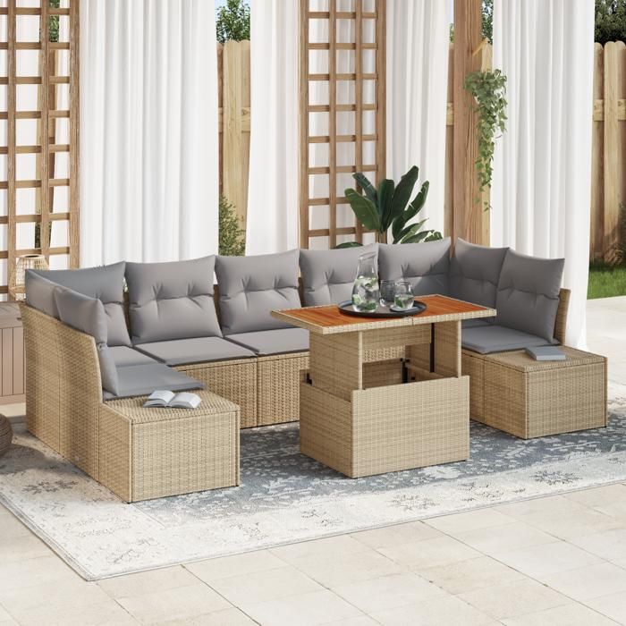 VidaXL Ensemble de salle à manger de jardin 8 pièces avec coussins en poly rattan beige et acacia 3349930