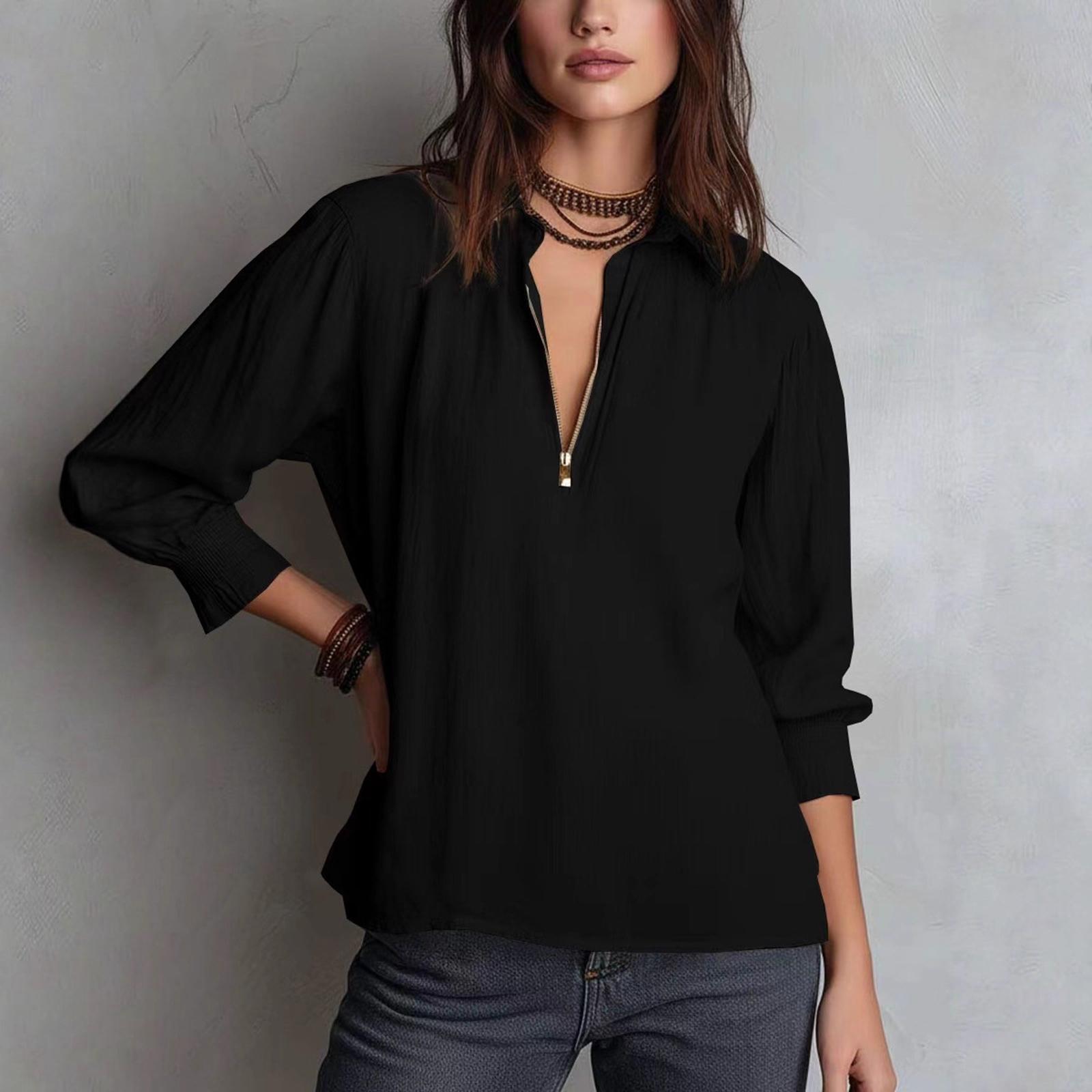 

Women s Fashion Solid Color Collar Pullover Zipper Loose Shirt Top M чорний