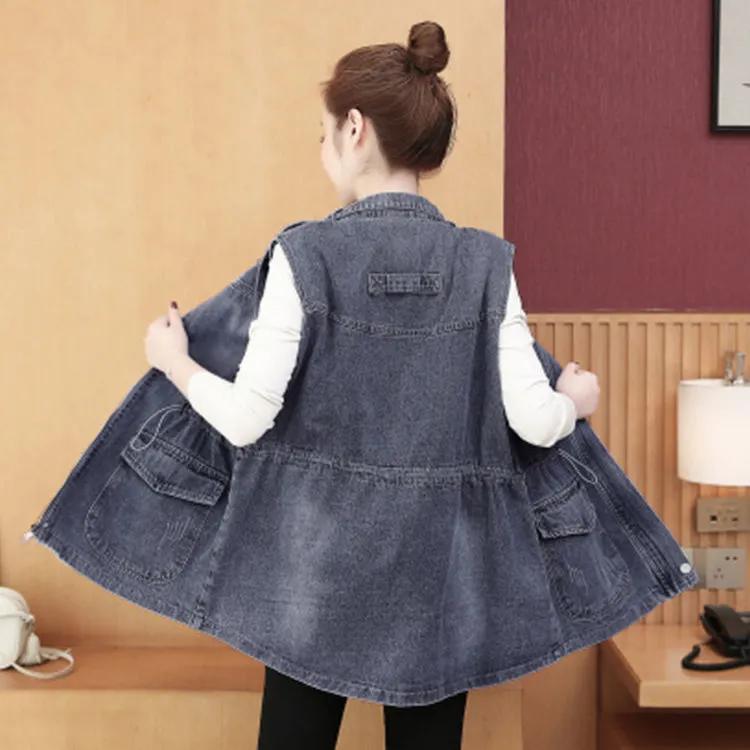 Veste Gilet en Denim Décontracté Coupe Ample pour Femmes Couleur Unie Tempérament, Vêtement d'Extérieur Mi-Long Style Rétro
