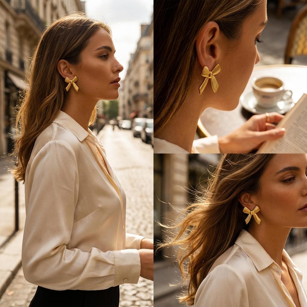 Vintage Textured Gold Color Bow Stud Earrings for Women Stainless Steel Ribbed Ribbon Statement Studs Everyday Office Jewelry