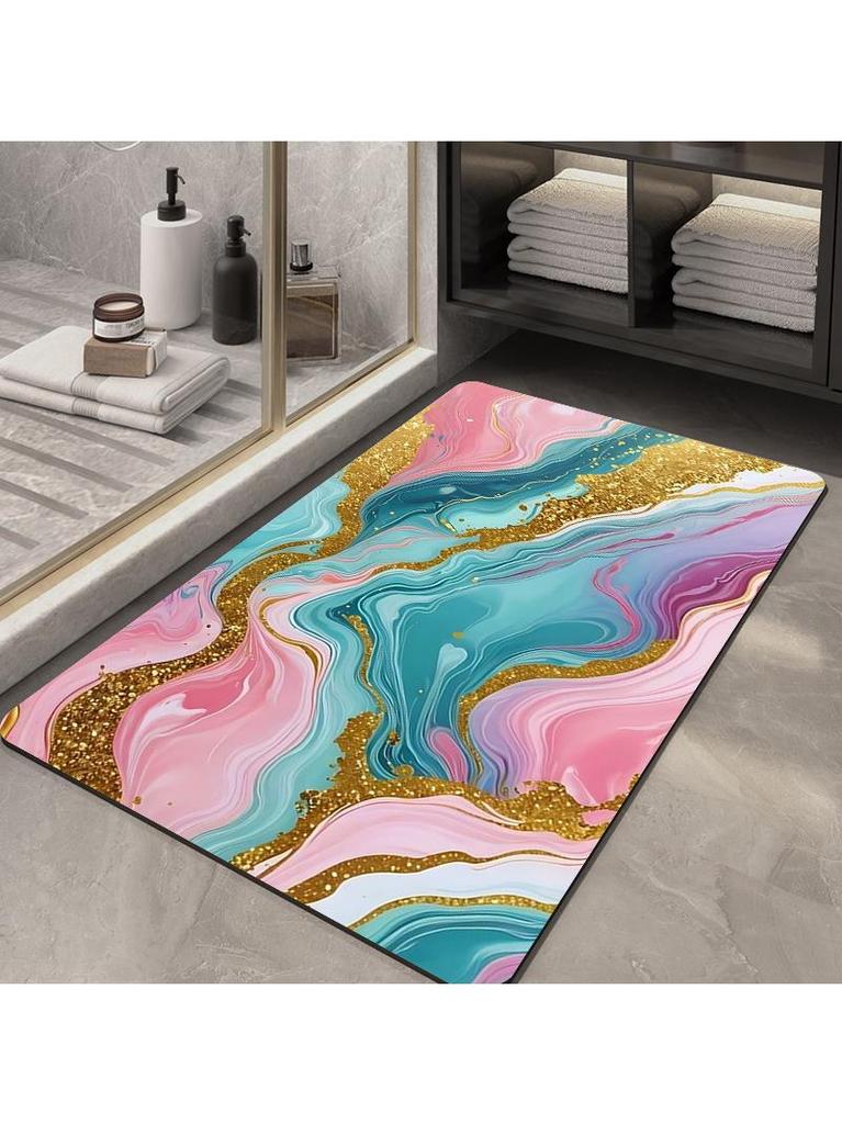Blue Pink Gold Fluid Marble Bath Rug Luxurious Agate Swirl Pattern Non-Slip Quick Dry Floor Cover