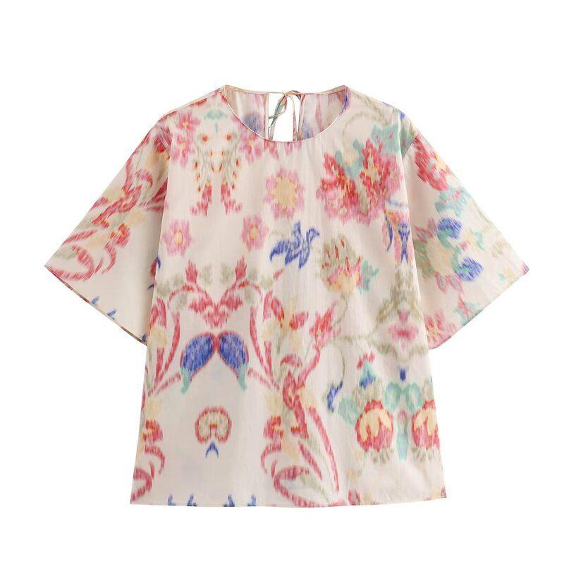 

Fashion Style 2024 Autumn New Women s round Neck Short Sleeve Printing Color Contrast Tops Paper Bag Mid Waist Pants 8414194 Top L