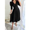 Autumn V-neck Waist-Cinching Bubble Sleeve Swing Dress