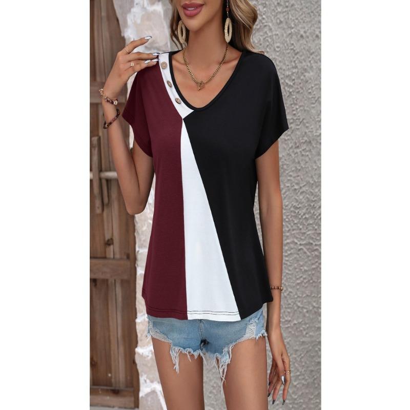 Women Color Block Print Loose Short Sleeve Casual Button T Shirt