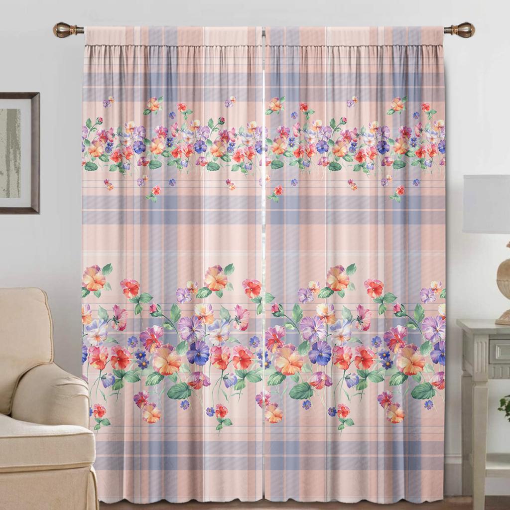 2PC Home Decoration Curtains, Orange Pink Floral Bag Curtains, Kitchen, Coffee Shop, Living Room, Balcony, Garden
