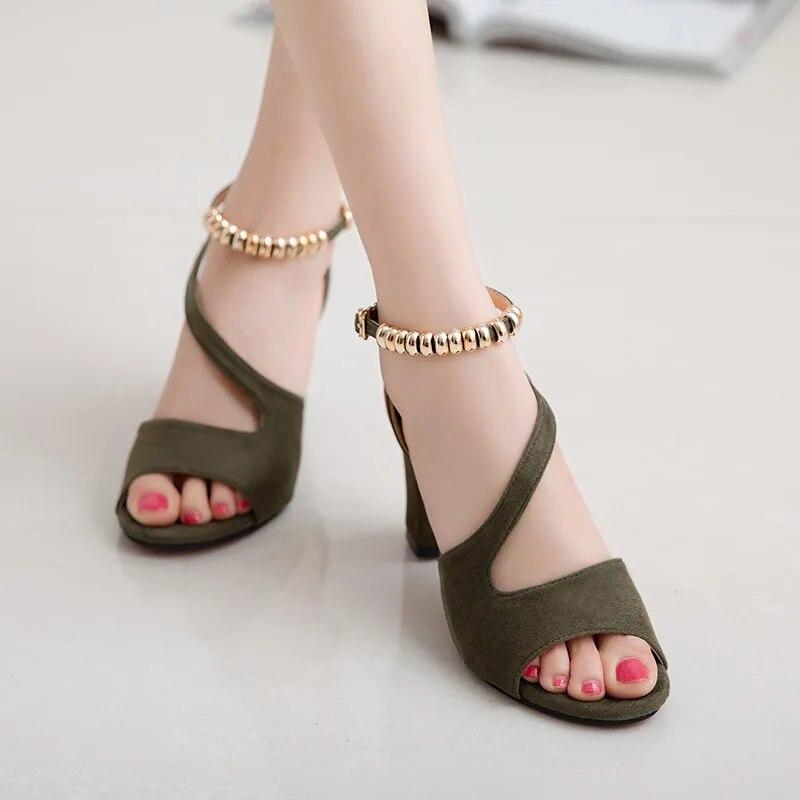 Summer Sexy Fish Mouth Hollow Roman Sandals Thick with Word with Beaded High Heels Female Summer Sexy Female Sandals