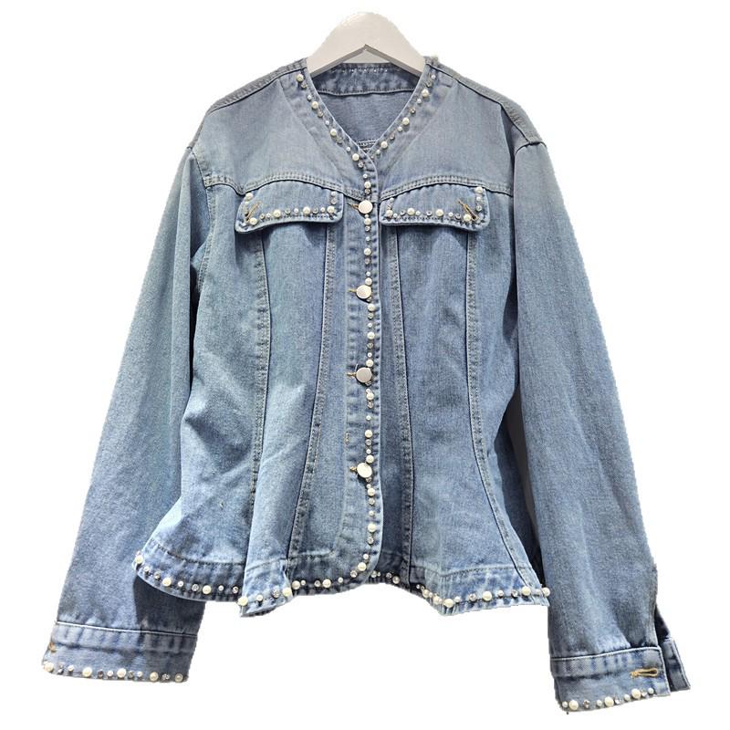 Rhinestone Ruffled V-Neck Denim Jacket - French Korean Style 2026 Spring Collection