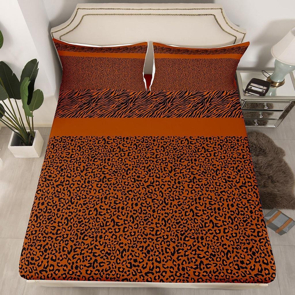 Leopard Kids Fitted Sheet, Black White Striped Bed Cover with Pillowcases, Animal Print Bedding Set for Boys Girls Room Decor