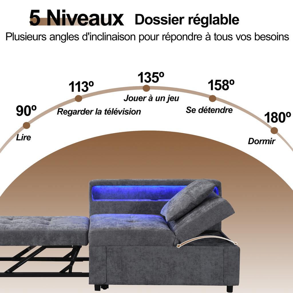 3 In 1 Multifunctional Sofa Bed, Linen Sofa with Adjustable Backrest, Armrest with LED Light Strips and USB/Type-C Ports, Lounge Sofa for Small Spaces