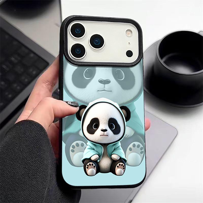 Blauer Mantel Panda Muster Hülle Für iPhone 17 Pro Max Funda iPhone 16 Pro Max 15 14 13 12 11 Air 16E Lederstruktur Silikonhülle