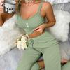 2 Pcs/Set Pants Top Suit Low-cut V Neck Sleeveless Solid Color Shirring Drawstring High Elastic Waist Lace Women Summer Pajamas Set Homewear Tank Top