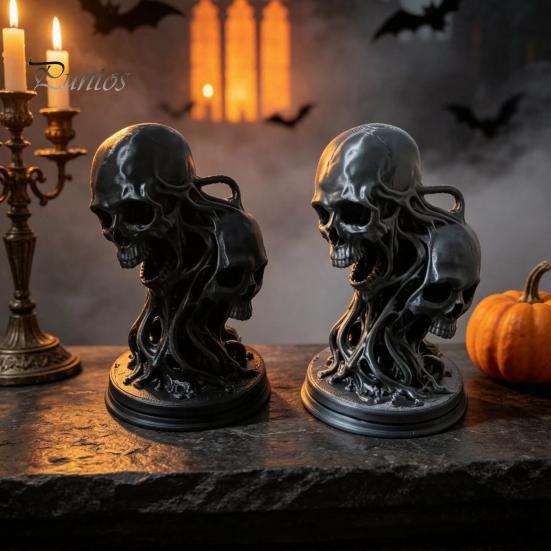 Gothic Style Home Accents 3D Printed Double Skull Ornament, Resin Twisted Skeleton Figurine, Desktop Secret Room Atmosphere Accessories Statue