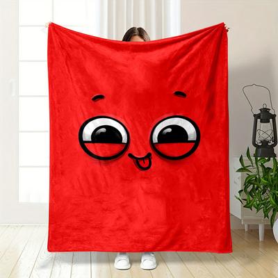 Playful Cartoon Face with Big Eyes and Tongue Sticking Out On Red. for All Seasons Blanket Lunch Break Throw Gift